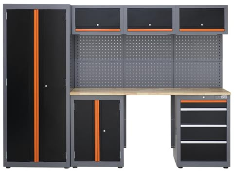 TRUTZHOLM Werkstattwand 13 TLG. Stahl 260 x 183 cm modulares Werkstattschranksystem flexibel stellbar & abschließbar mit Holzarbeitsplatte Hochschrank Schubladen Lochwand für Werkstattorganisation
