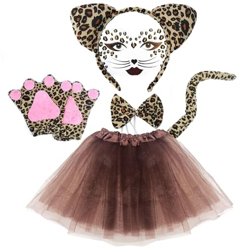 XNIVUIS Juego de Disfraz de Leopardo,Adhesivo de Cara de Leopardo,Cinta de Pelo de Leopardo,Pajarita,Cola,Guantes,Falda Tutu,para CosplayHalloween Fiesta Cumpleaños Navidad Carnaval(Marrón)
