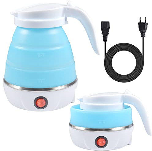 Funmo Faltbarer Wasserkessel, 600 ml Camping Faltbarer Wasserkessel, Elektrischer Silikon Wasserkocher mit Edelstahlboden, Tragbares Mini Reisewasserkocher für Camping, Reisen, Urlaub (Blau)