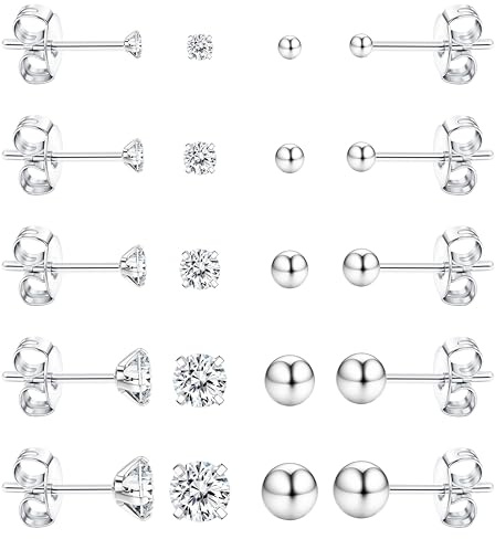 Dochais 10 Paires Boucle d'Oreille Argent Petite Boucle 14K d'Oreille Boucles d'Oreilles Femme Acier Chirurgical 316L Petites Boucles d'Oreilles Hypoallergéniques pour Femmes Fille Hommes 2/3/4/5/6 MM