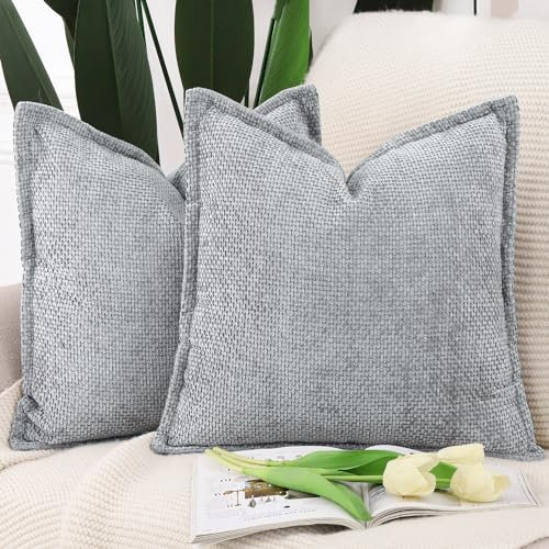 Madizz 2er Set Chenille Samt mit Rand Kissenbezüge Weiche Dekorativ Zierkissenbezüge Modern Kissenhülle für Sofa Wohnzimmer Schlafzimmer Grau 40x40 cm