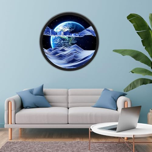 Cadre Sable Mouvant, Sablier de Relaxation 3D Verre Rond, Image d'art de Sable en Mouvement, Peinture de Sable Qui Coule Paysage de Sable de La Mer Profonde pour la Maison, le Bureau, le Café