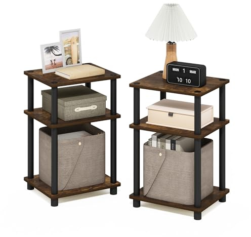 Furinno Just 3-stufiger Turn-N-Tube-Beistelltisch, 2er-Pack, Bernsteinkiefer/Schwarz