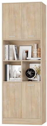 FirFurd 180.5cm Tall Bookcase Oak Bookshelf with 4 Doors Living Room Bookcases Free Standing Storage Cupboard for Home Office 180.5x60x40cm