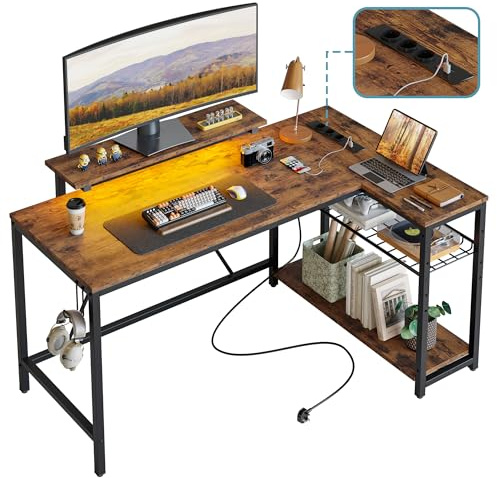 Bestier Escritorio en L de 132 cm con Tomas de Corriente y Luces LED – Escritorio de Esquina Reversible con Estantes, Ideal para Oficina en Casa, Gaming y Estudio (Marrón Vintage, 132 x 80 cm)