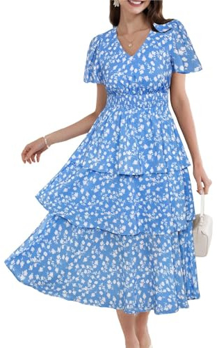 GRACE KARIN Vestido largo de fiesta con estampado floral, acampanado, casual, cuello en V, manga corta con vuelo, vestido escalonado, Flores azules y blancas, S