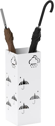 HOMCOM Paragüero de Acero Soporte de Paraguas con 4 Ganchos y Bandeja de Goteo Extraíble Paragüero Blanco para Entrada Oficina 15,5x15,5x41 cm