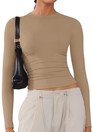 ARCFEETORY Women's Soft Long Sleeve Shirts Crew Neck Tops Basic Tees Stretchy Going Out Crop Tops Y2K Slim Fit T-Shirts Khaki S