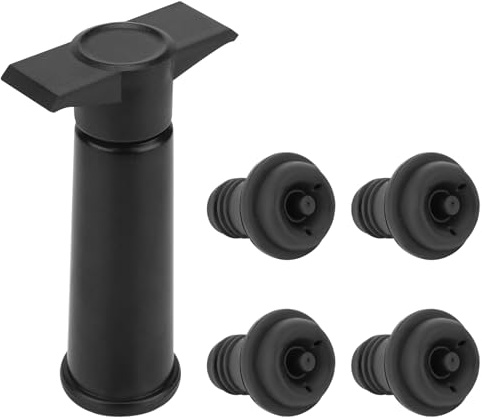 Linkidea Kit de ahorro de vino al vacío con 4 tapones reutilizables, preservador manual de bomba de aire para champán/vinos tintos (negro)