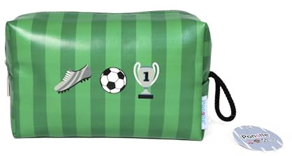 PONETTE - Neceser Vuelta al Cole Infantil de Tejido Rayado en Color Verde, Asa con Cordón, Bota, Balón y Copa de Fútbol, Niño, Niña, Juvenil
