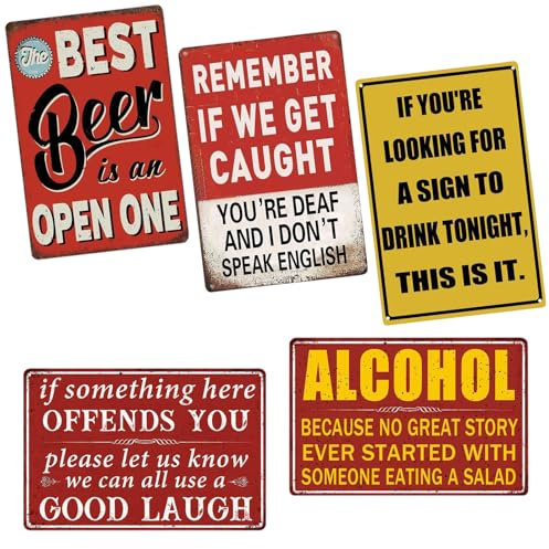 Minicloss 5pcs Metal Bar Signs Vintage Alcohol Themed Metal Plaques Man Cave Vintage Wall Accessories Metal Tin Signs for Home Kitchen Club Bar Decorations(20x30cm)
