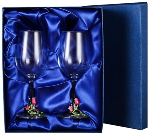 Enamel Tulip Wine Glass, Lead-free Crystal Goblet, 350ml Long-handled Wine Glass, Handmade Enamel Gift Box Set, Elegant Dinner Wine Glass (Pink-b 2pcs)
