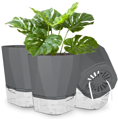 NUTKIT 3 Piezas Maceta de Riego Automático, 18CM Macetas de Plástico para Plantas de Interior, Redonda, con Orificios de Drenaje y Bandeja, Maceta de Agua Autorriego para Interiores, Gris/M