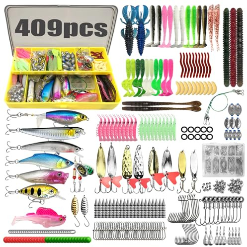 Strixorn Juego de accesorios de pesca, juego de 409 señuelos de pesca y juego de herramientas con clips para labios, eliminador de ganchos, maletín de pesca, caja de cebo con accesorios, equipo de