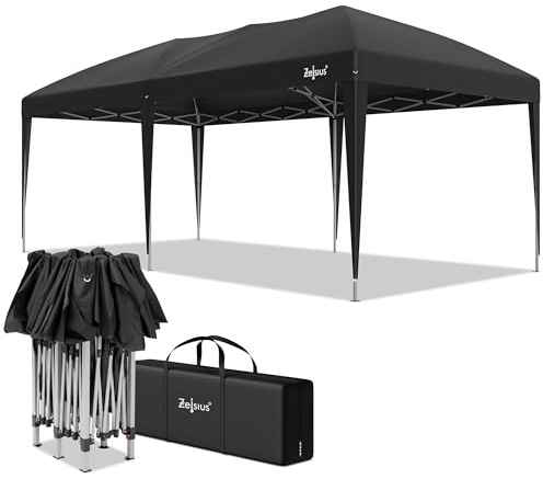Zelsius Faltbarer Pavillon 3x6 m | Schwarz | Pop-Up Faltpavillon UV30, Gartenzelt faltbar, Klapp Partyzelt mit Tasche | Unterstand für Garten, Sonnenschutz, Gartenpavillon klappbar, Pop Up Zelt