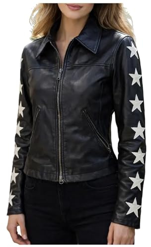 MERCH ATTIRE Chaqueta de cuero prémium con parche de estrella para mujer, abrigo de motociclista retro, Negro – Piel auténtica., XXL