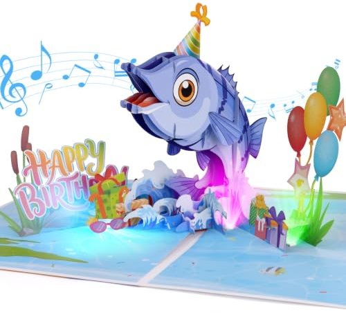 Pop Up Musical Birthday Card for Kids Men, Funny Birthday Music with Colorful Lights, Birthday Card for Boys Son Nephew Men Husband Fisherman
