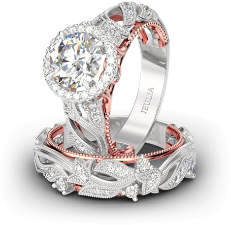 Jeulia Ensembles bagues ajourées 4 carats pour femmes Ensembles mariage en argent Bague fiançailles halo ronde en or rose Bande diamants blancs Bagues promesse d'anniversaire solitaire CZ (61（19.4）)