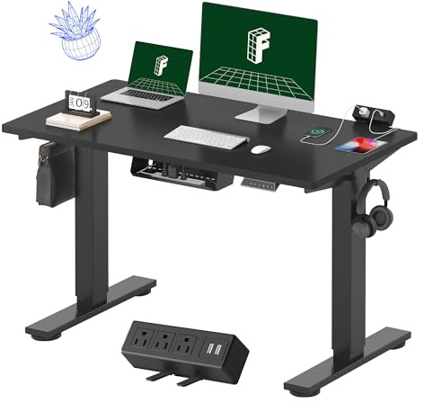 FLEXISPOT EN2 Whole-Piece Standing Desk with Clamp Power Strip, 48x24'' Electric Stand Up Height Adjustable Desk with Cable Management (Black Frame + 48 Black Table Top)