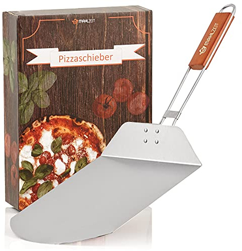 Mahlzeit Pala Plegable para Pizza de Acero Inoxidable con Mango de Bambú | 25,5 x 30,5 cm | Cáscara de Pizza | Paleta de Pizza para Hornear | Empujador, Volteador, Levantador de Pizza