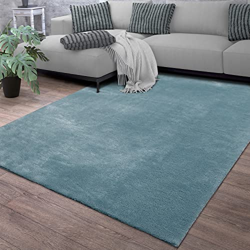 TT Home Wohnzimmer Teppich Kurzflor Anti-Rutsch Rückseite Unifarben Modern Waschbar, Farbe: Hellblau Türkis, Größe:120 cm Rund
