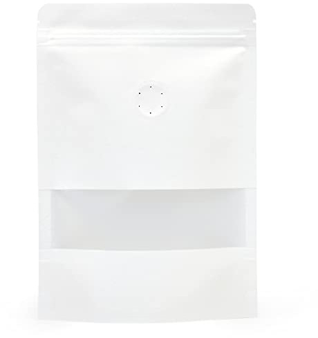 White Coffee Bean Stand Up Pouch Bag with One-Way Degassing Valve | 50 Bags | 170x240x40mm Holds 350g Coffee Beans | One-Way Degassing Valve | Resealable Zip Lock | White (Window)
