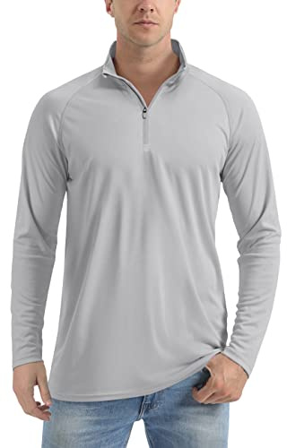 TACVASEN Camiseta Hombre UPF 50+ UV Protección Solar Manga Larga Camiseta Cuello Alto Exterior Senderismo Surf Running Pesca Gris Claro 3XL