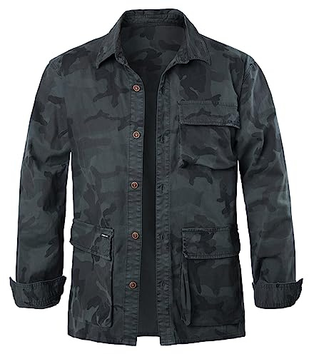 Harbrosrce Vintage Camisa Manga Larga para Hombre Informales Grueso Algodón Camuflaje Shirt Chaqueta Militar Camisa Casual de Trabajador con Botónes Top con Bolsillo