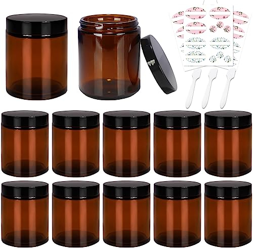 Yishik Lot de 12 bocaux en verre ambré vides avec couvercles et doublures intérieures, rechargeables pour la fabrication de lotion, de slime - 237 ml