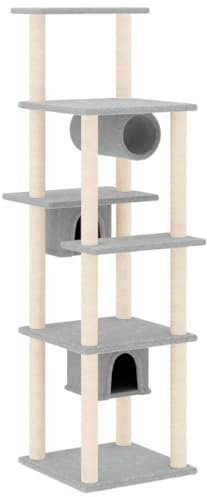 Coavain Kratzbaum mit Sisal-Kratzsäulen Hellgrau 47x74x169 cm Holz&Plüsch Alles-in-einem-Katzenturm Mit Häusern Bequemer Plüsch Katzenmöbel Plattformen Tätigkeitsbereich für Haustiere