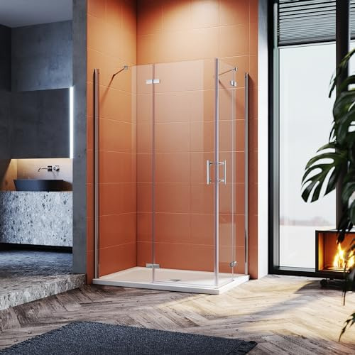 SONNI Cabine de douche 90 x 120 x 195 cm - Entrée d'angle - Avec épaisseur de 4 cm - Bac de douche carré et bonde - Porte à charnière - Sans cadre - 6 mm - Verre Nano Esg