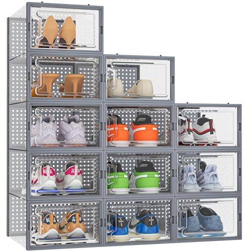 HOMIDEC Scatole per Scarpe,12 pcs Scatole Portascarpe in Plastica Trasparenti impilabili, Contenitori Portascarpe con Coperchi per donna/uomo,Grigio
