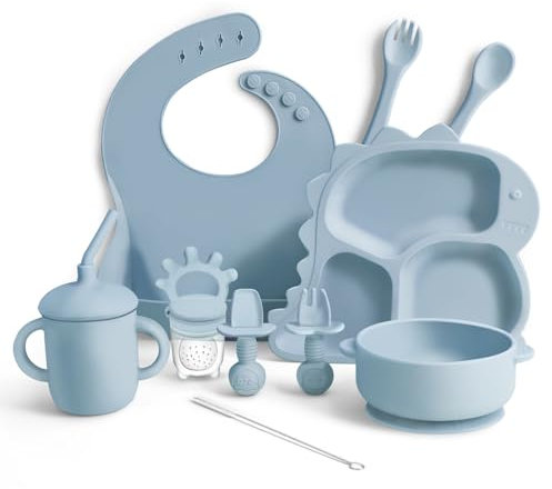 Set di stoviglie per bambini, utensili per bambini, accessori per bambini, con piatto di dinosauro, bavaglino, tazza, ventosa, forchette, cucchiai, dispenser di frutta (blu)