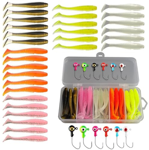 VZU 37Pcs Soft Plastic Lures Kit – 30 Lures, 6 Jig Heads & Box for Fishing | Includes 30 soft lures, 6 jig heads & lure box, for bass, trout, perch & more, for freshwater & saltwater anglers