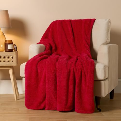 Brentfords Teddy Fleece Red Single Blankets for Beds, Thick Warm Blanket for Winter Super Soft Cosy Comfy Fleece Throw Couch Cover Over Sofa Throw - Red, 150 x 200cm