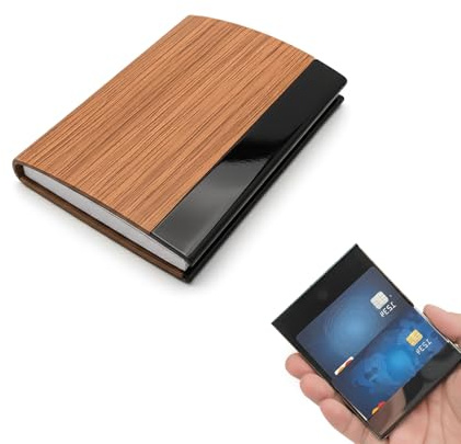 ARYIMYDP Tarjetero de Madera de Nogal y Metal, Porta Tarjetas de Visita para 15 Tarjetas, Delgado y Elegante, para Hombres y Mujeres