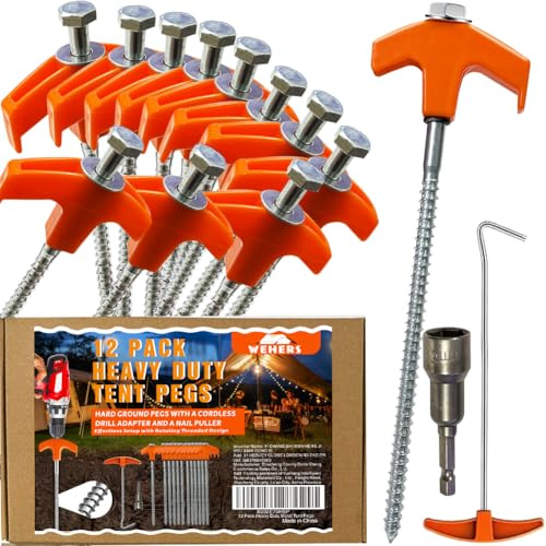Heavy Duty Metal Tent Pegs, 12 Pack 8-Inch Ground Pegs Camping Pegs with Drill Adapter & Nail Puller Ideal for Camping, Hiking,Traveling, Beach and Outdoor