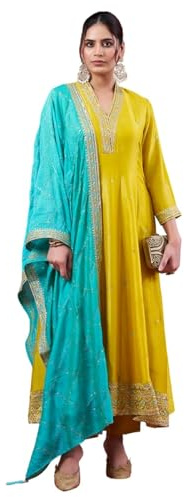 DREAMANGEL FASHION Womens Traditional Silk Floral Embroidered Anarkali Kurta Set with Pant and Dupatta (US, Alpha, XX-Large, Regular, Regular, Lemon Yellow)