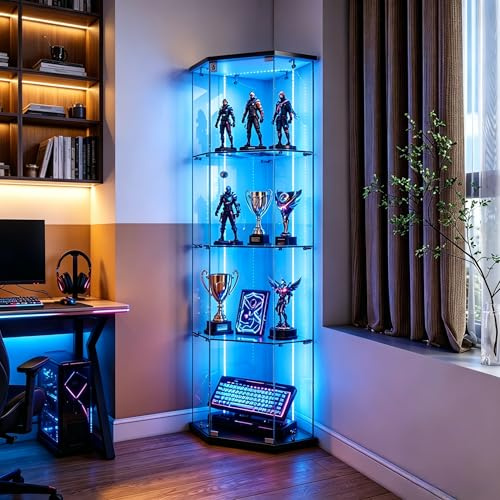 QMTXBYJ Vitrine d'angle en Verre avec éclairage LED, 162cm Armoire de Collection en Verres à 4 Couches avec 1 Porte et Serrure, 5mm Verre trempé Transparent Armoir de Verres Debout pour Salon,Chambre