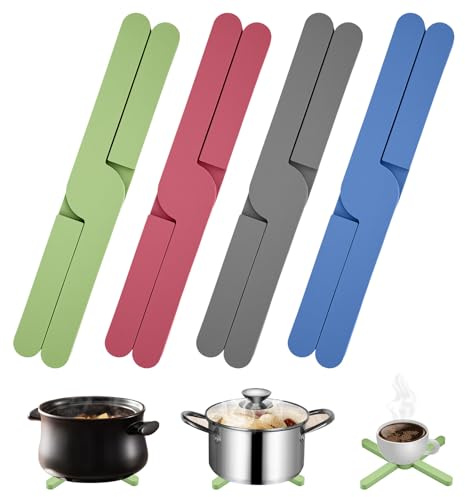 4 Pcs Folding Silicone Trivets, sSilicone Trivets for Kitchen Worktops, Foldable Heat Resistant Worktop Protectors Heat Resistant Stretch Folding Silicone Trivet for Hot Pot and Pans Dishes Plates