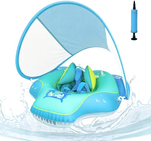 XIMEY Flotador Bebé con Parasol, Baby Float Hinchable para Bebés de 3-72 Meses, Flotador Piscina con Arnés de Seguridad & Cámaras de Aire, Protección UV para Piscina y Playa (D, L)