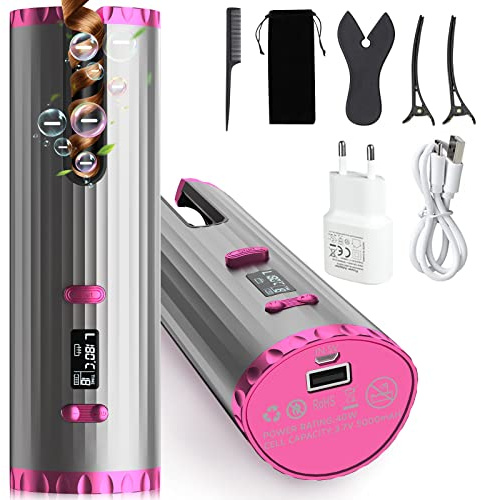 Ferro arricciacapelli automatico, professionale senza fili, ferro arricciacapelli agli ioni negativi con adattatore, ricarica USB, timer e 6 temperature, ferro arricciacapelli portatile in ceramica