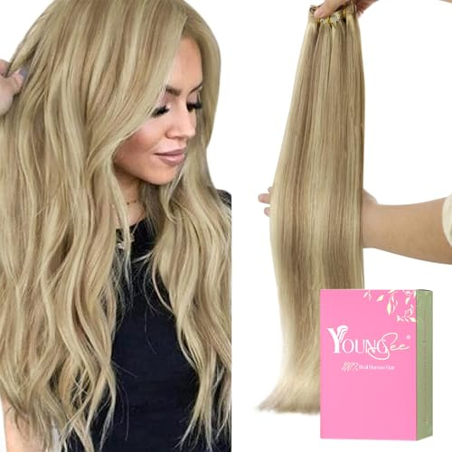 YoungSee Echthaar Extensions Clip Blond 50 cm Goldblond Strahnchen Mittelblond Clip in Extensions Echthaar Blond Voller Kopf Clip in Extensions Dunkelblond Clip in Haare 120g #16/22