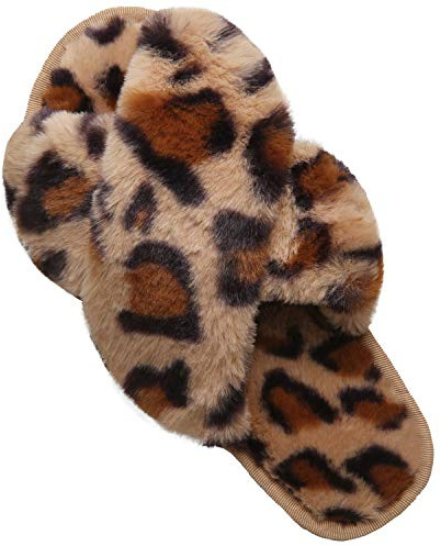 LZLER Women Fuzzy Fluffy Furry Slippers Fur Flip Flop Open Toe Slippers Cross Band Shoes Slides for Ladies House Home Indoor Outdoor(Brown,9)