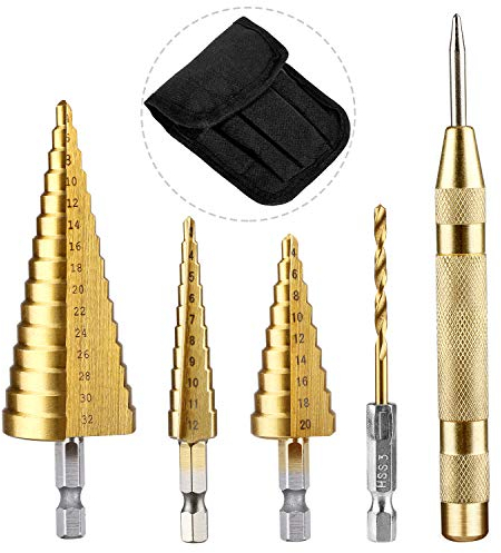 Step Cone Drill Bit, Multi Metric Size 3-12/4-20/4-32mm, High Speed Steel Titanium Coated, Hex Shank Drill Cut Holes Tool for Wood Stainless Steel Sheet Metal, with Brass Automatic Punch&Twist Drill
