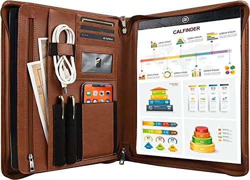 FREI NAME Gravur | Aktenmappe A4 mit Reissverschluss, Konferenzmappe Veganes Leder, Business Portfolio Mappe a4, Schreibmappe Organizer Ordner, Dokumentenmappe Ledermappe, Customized | Braun