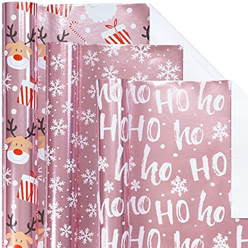 LeZakaa Julomslagspapper minirulle, rosa metalliskt foliepapper - snöflingor/jultomten/HO-tryck för presentförpackning, konsthantverk - 43 x 305 cm - 3 rullar (42,5 sq.ft.ttl.)