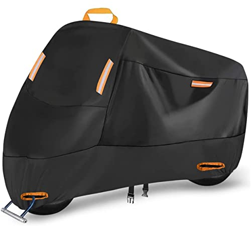 Motorcycle Cover Heavy Duty 300D, Outdoor Motorbike Scooter Moped Cover Rain Sun Dust Protection with 4 Reflective Strips and 2 Lock Holes, 2 Fixed Buckles and1 Storage Bag (M: 73 x 34 x 39 inch)