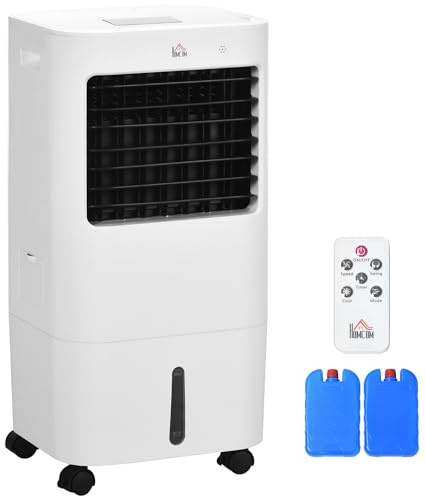 HOMCOM Enfriador de Aire Portátil 15L Climatizador Evaporativo Bajo Consumo 65W Humidificador Ventilador con Pantalla LED Control Remoto Temporizador Oscilación 3 Velocidades 32x37x74 cm Blanco