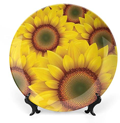 XISUNYA 8 Inch Decorative Plate, Yellow Ceramic Stoneware, Cute Sunflower Happiness Colorful Nature Print Ceramic Display Plate for Decorative Ornaments Giving Plates, 1 Plate with 1 Display Stand